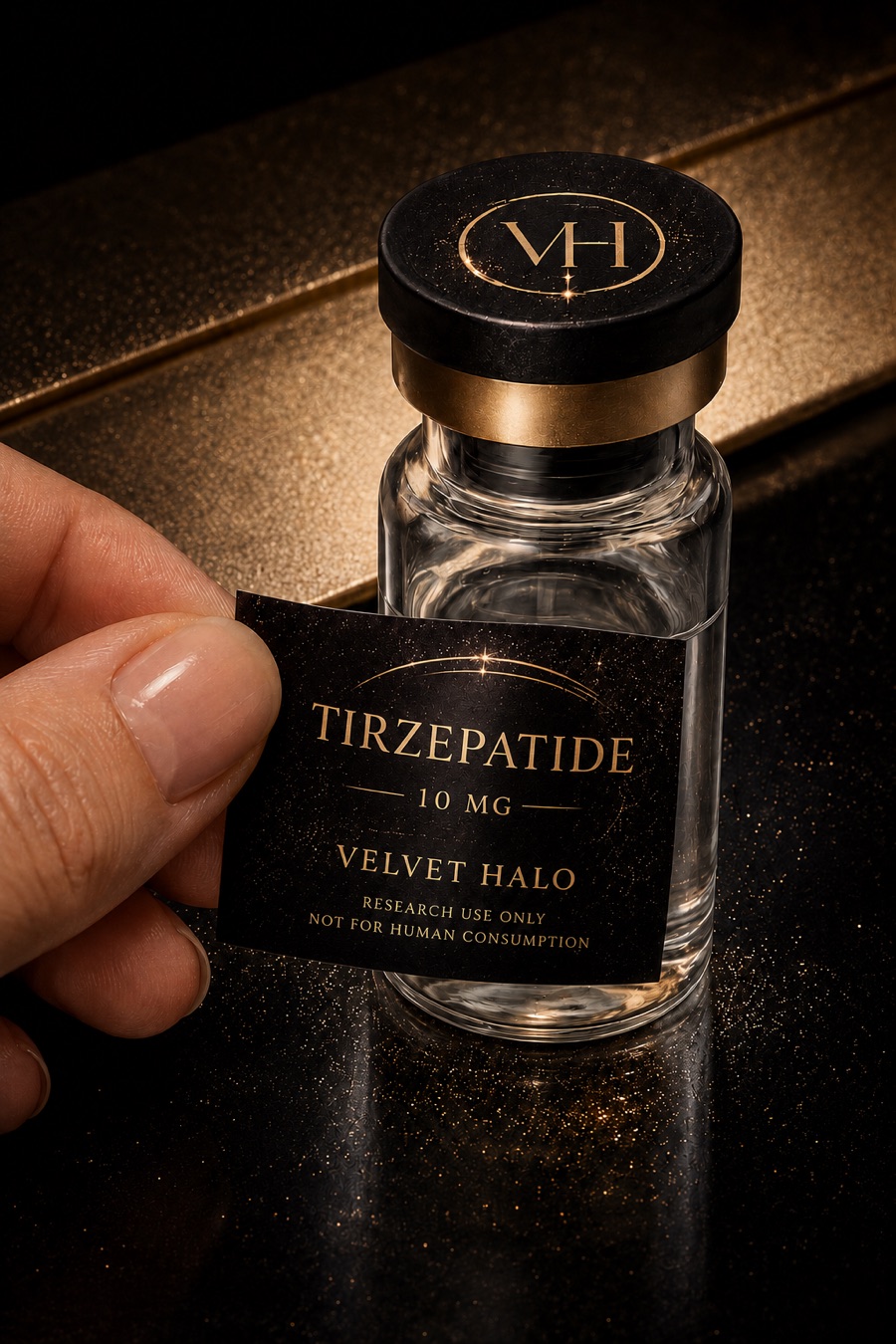 Hand holding a custom black and gold Velvet Halo vial label